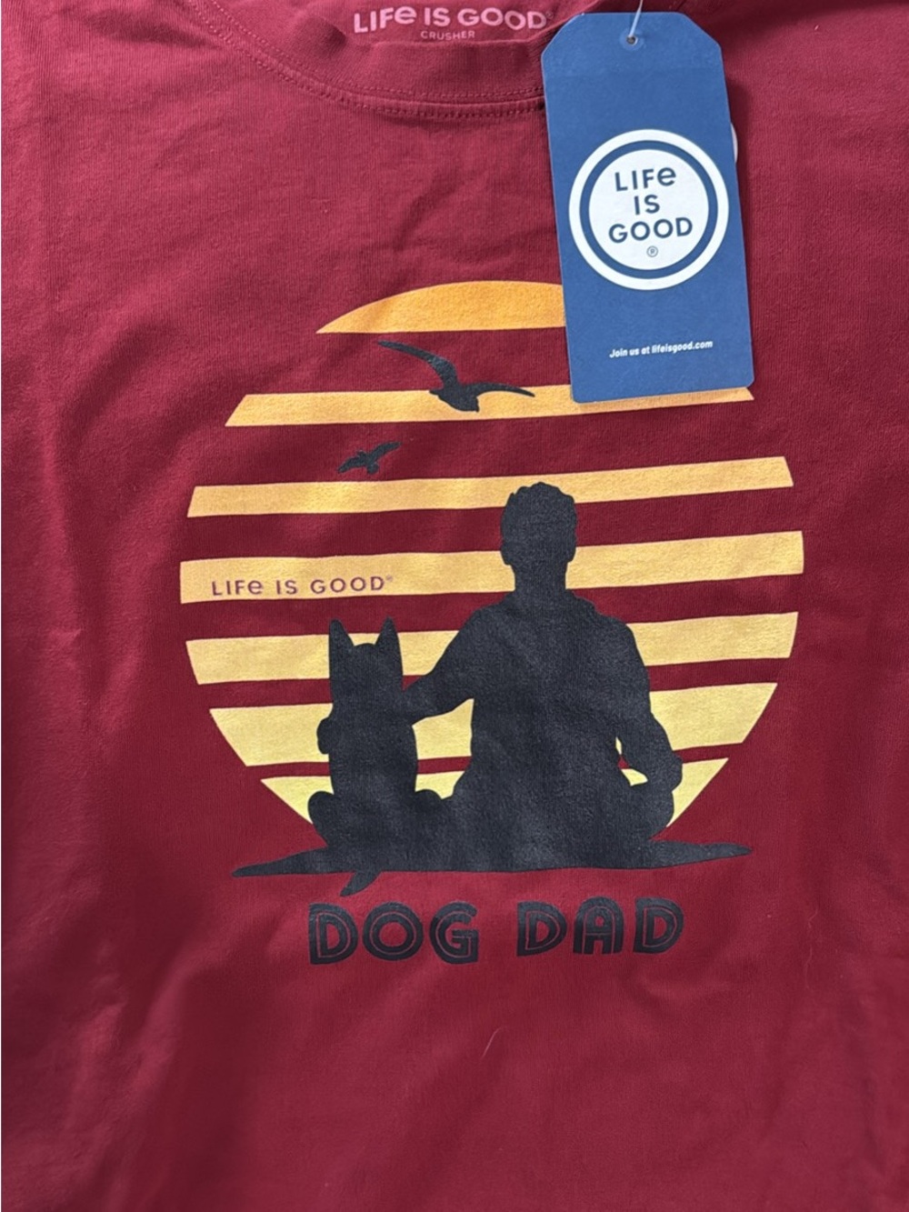 Life Is Good Burgundy Dog Dad Graphic Tee with Yellow Sun
